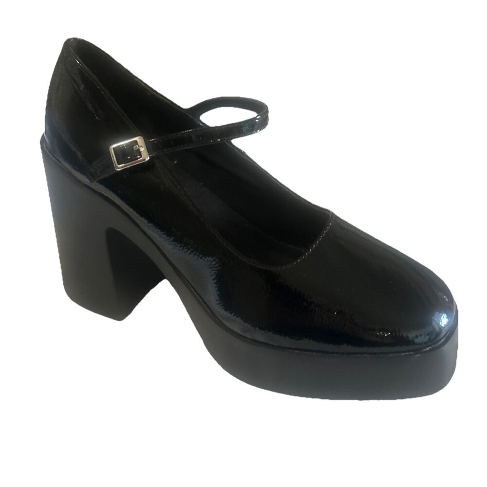 ASOS Sz 11  Black Platform Mary Jane Shoes Patent Faux Leather Chunky Ultra Heel